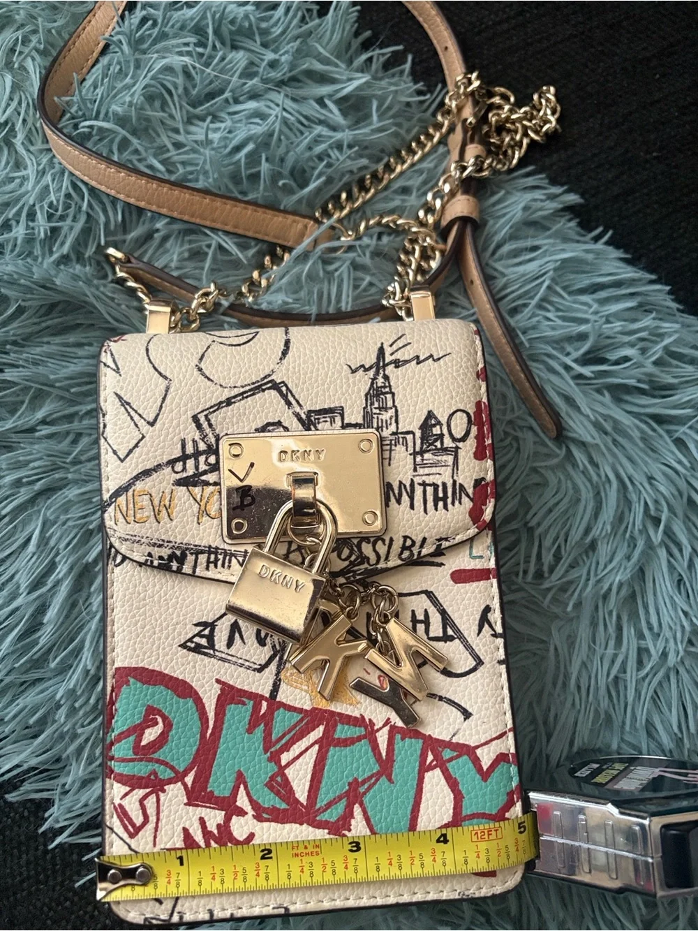 DKNY Cream Graffiti Print Crossbody Phone Bag with Gold Hardware
